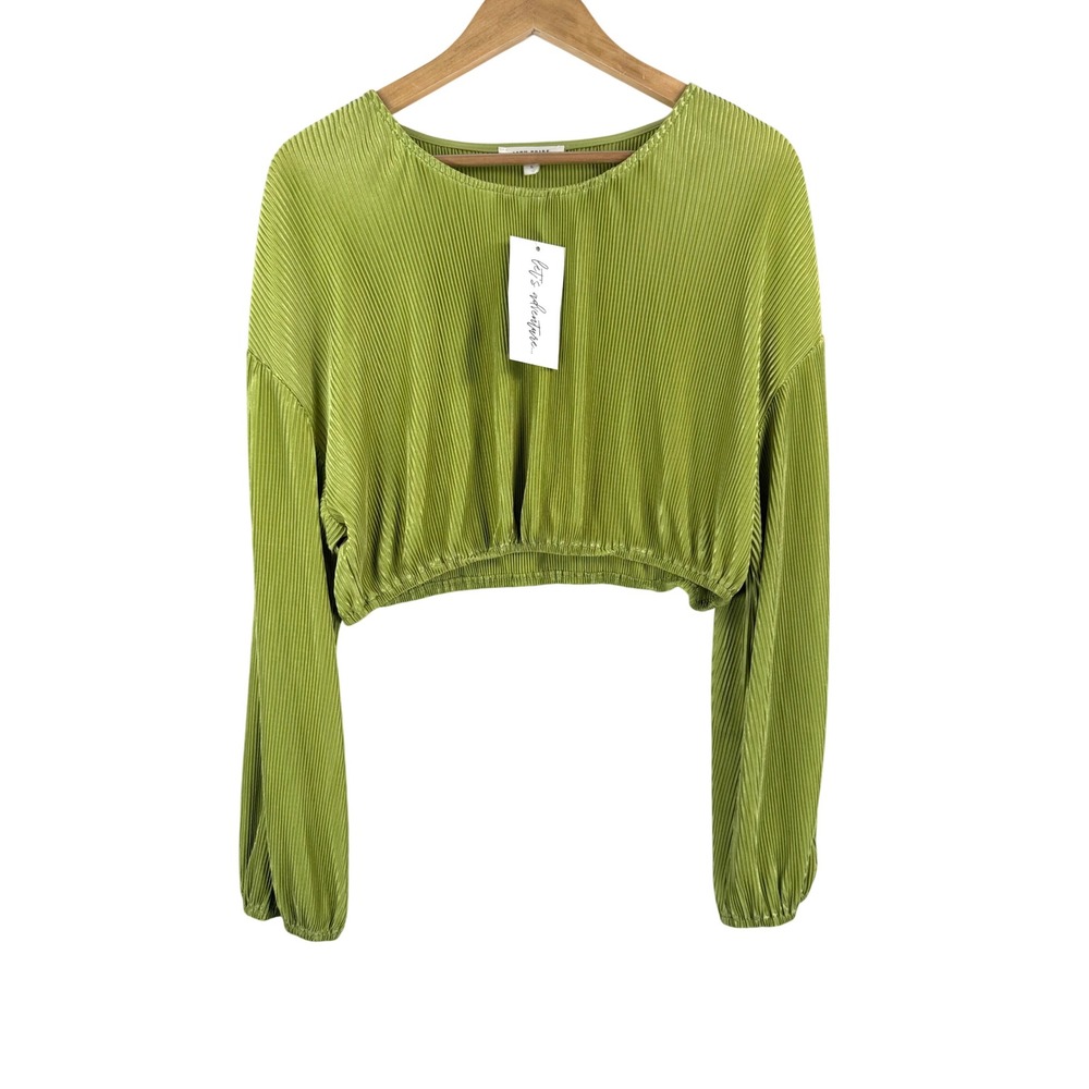 12th Tribe Plisse pleated Crop Top L Green Long Sleeve Boho Festival